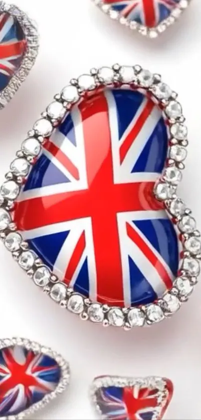 Heart-shaped Union Jack gemstones with silver details.