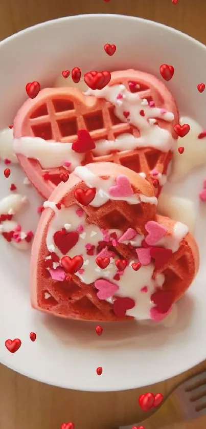 Heart-shaped pink waffles with frosting and sprinkles on a white plate.