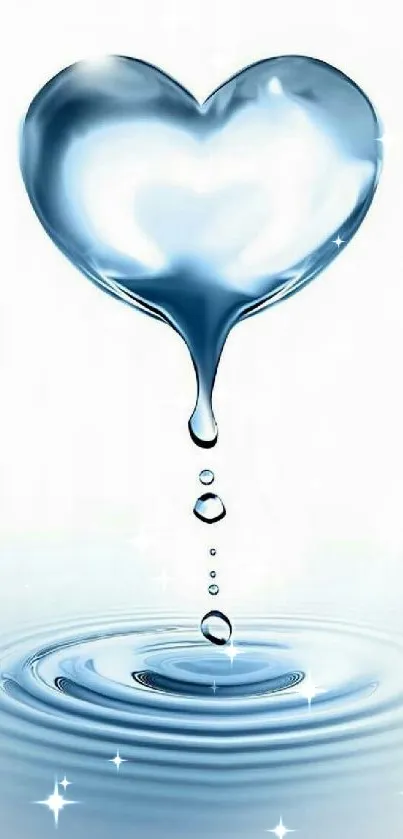 Heart-shaped water droplet with ripple effect on a light blue background.