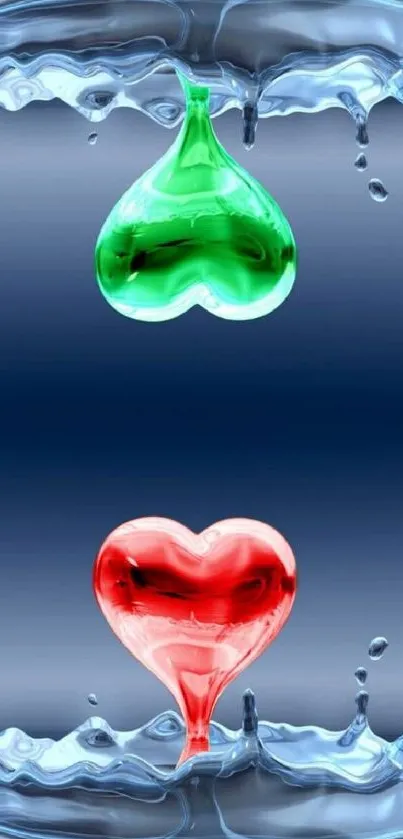 Heart-shaped water droplets in green and red against a blue background.