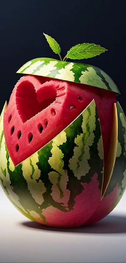 Heart-shaped watermelon carving with leaf accent.