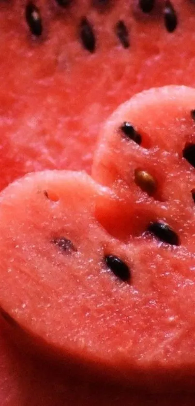 Heart-shaped watermelon slice with seeds in juicy red tones.