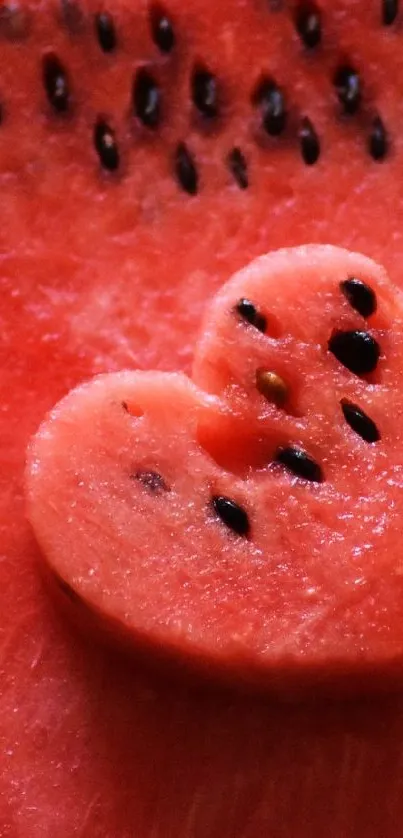 Heart-shaped watermelon slice with black seeds.