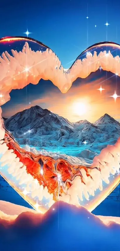 Heart-shaped icy mountain scene with a sunrise.