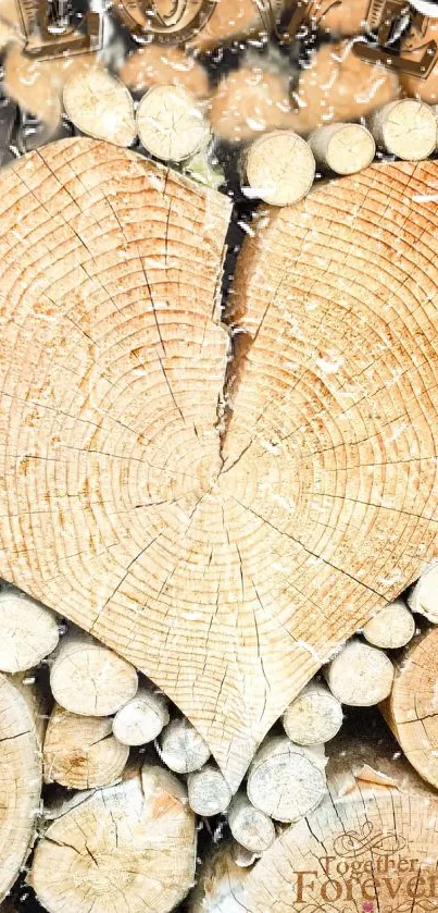 Heart-shaped wood slice wallpaper with natural designs.