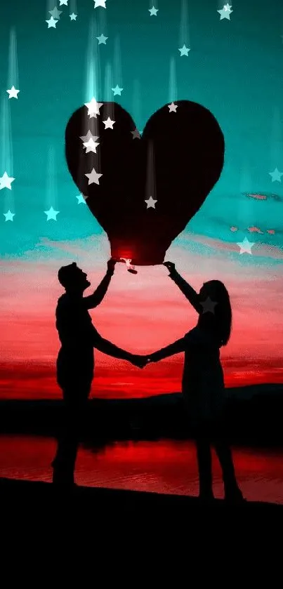 Couple silhouette holding heart at sunset with teal and red sky.