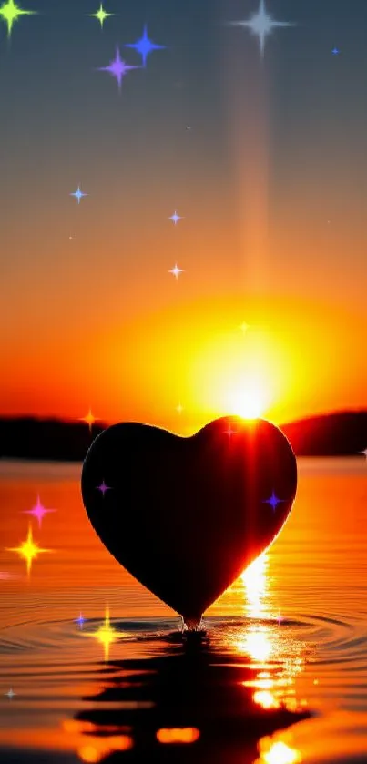 Heart silhouette against a vibrant sunset on water.