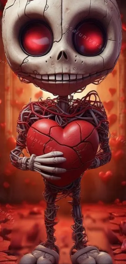 Skeleton holding a red heart in a vivid digital art scene.