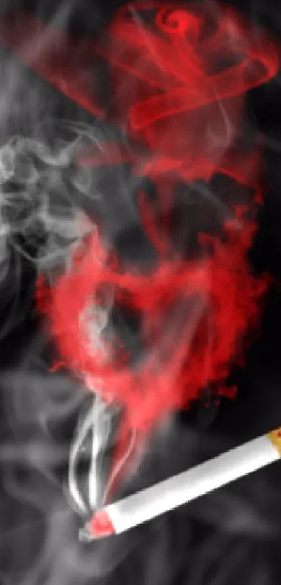 Red smoke heart with cigarette on dark background.