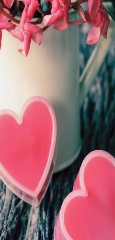 Heart-shaped pink soap with pink flowers and rustic texture.