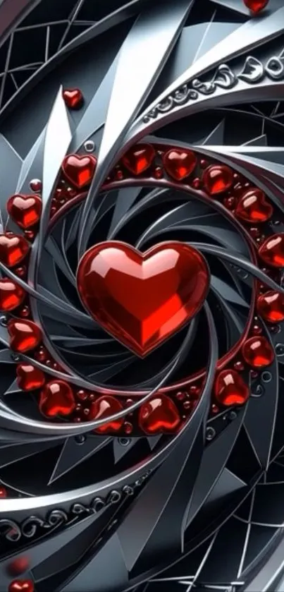Abstract heart spiral artwork with red and metallic tones.