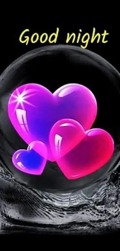 Vibrant purple and pink hearts on a black background with 'Good night' text.