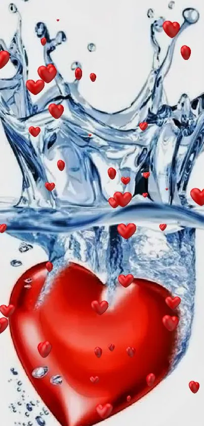 Red heart splash in clear water, artistic wallpaper.