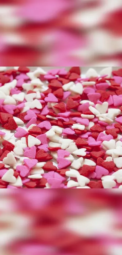 Colorful heart sprinkles on a bright pink, red, and white background.