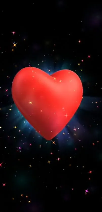 A glowing red heart against a starry black background.