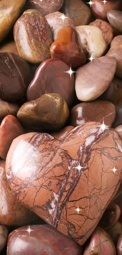 Heart-shaped stone on a bed of smooth brown pebbles.