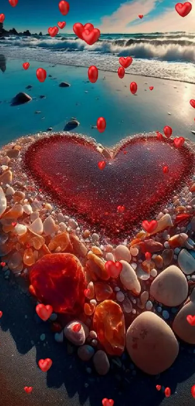 Heart-shaped stones on a beach at sunset with waves in the background.