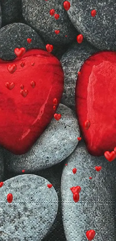 Two red hearts on gray stones wallpaper.