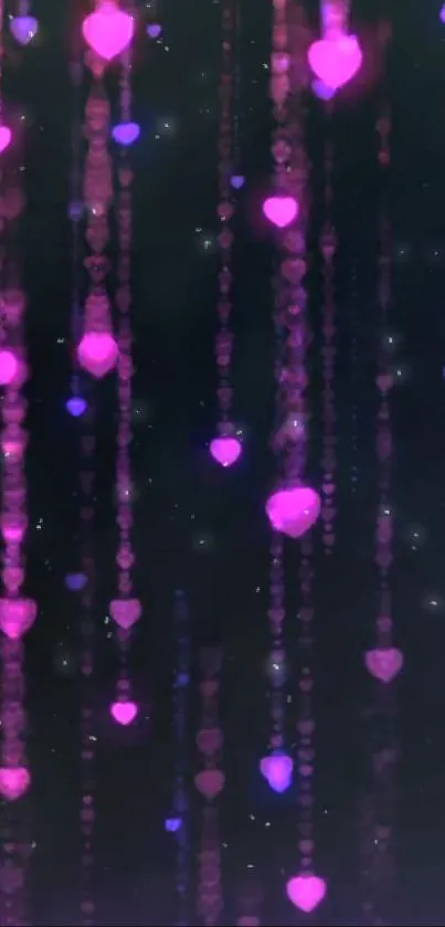 Glowing pink and purple hearts cascade on a dark background.