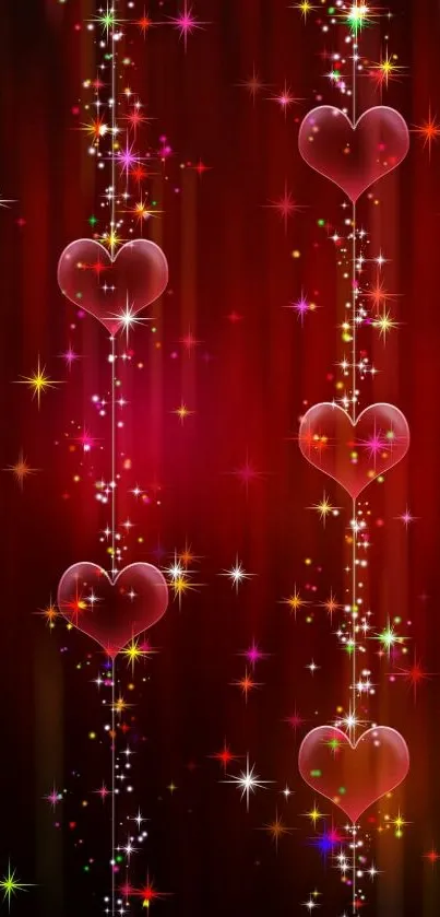 Hearts and sparkling lights on a red background wallpaper.