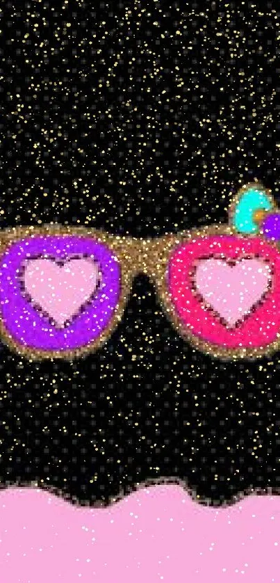 Glittery heart sunglasses design with vibrant pink and black.