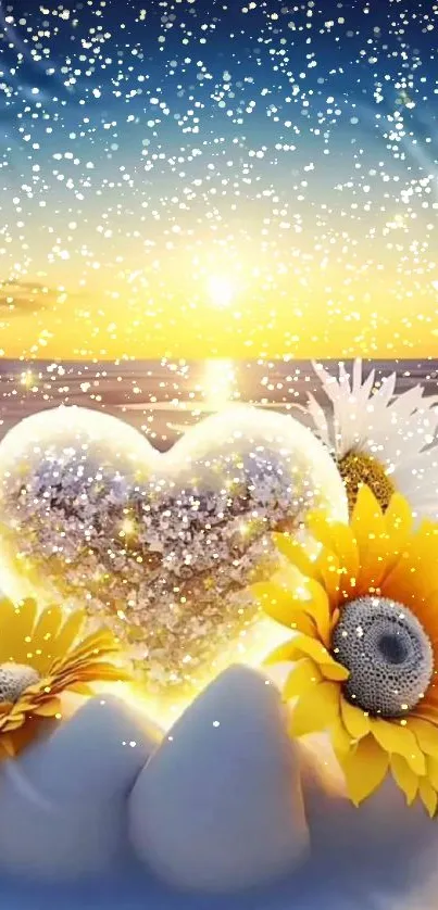 Heart and sunflowers at sunset by the ocean.