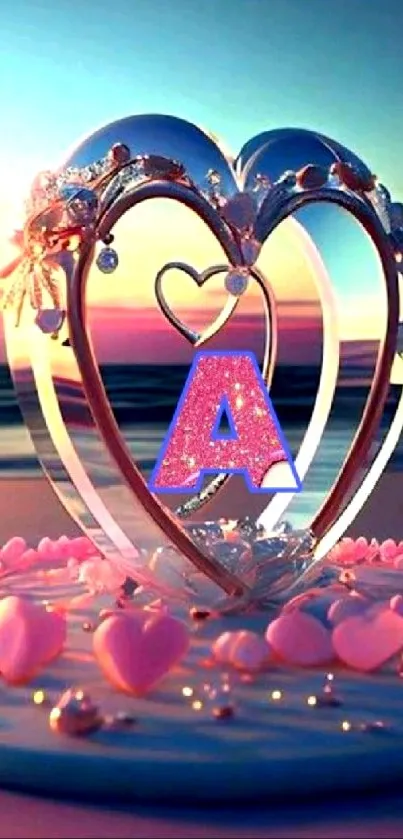 Heart-shaped design with sunset background featuring letter A.