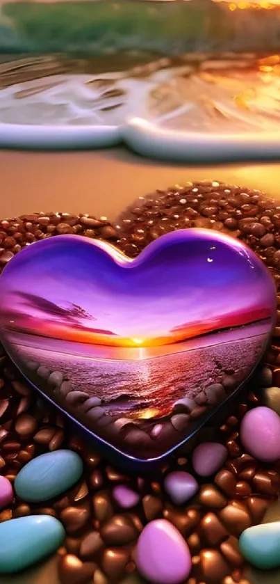 Heart-shaped sunset reflection on pebbles at the beach, colorful mobile wallpaper.