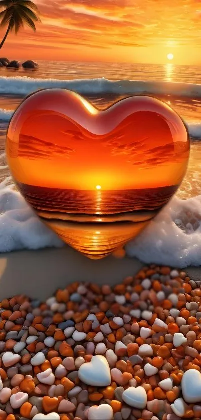 Heart-shaped sunset over beach with waves and heart pebbles.