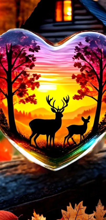 Heart-shaped sunset and deer scene with vibrant autumn colors.