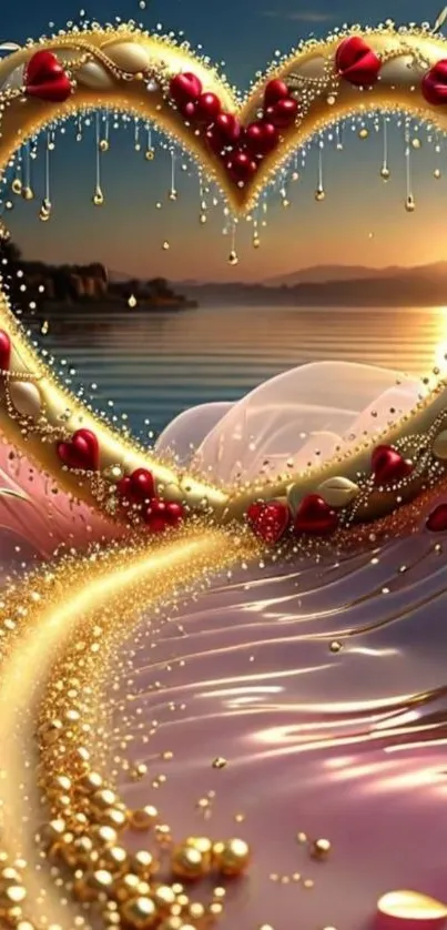 Heart-shaped design with golden sunset and fantasy elements on a mobile wallpaper.
