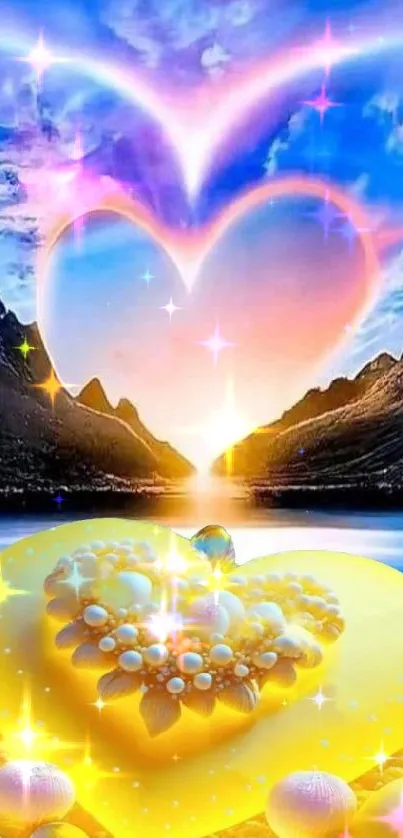 Vibrant heart sunset over mountains with blue waters, fantasy wallpaper.