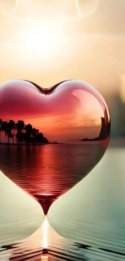 Heart-shaped reflection of sunset with serene landscape on mobile wallpaper.