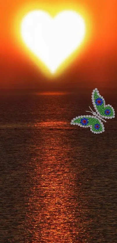 Heart-shaped sunset over ocean with butterfly, in vibrant orange hues.