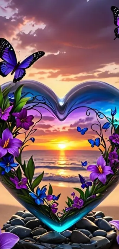 Heart-shaped sunset with butterflies and flowers in a vibrant beach scene.
