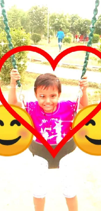 Child on swing with heart and smiley emojis in the park.