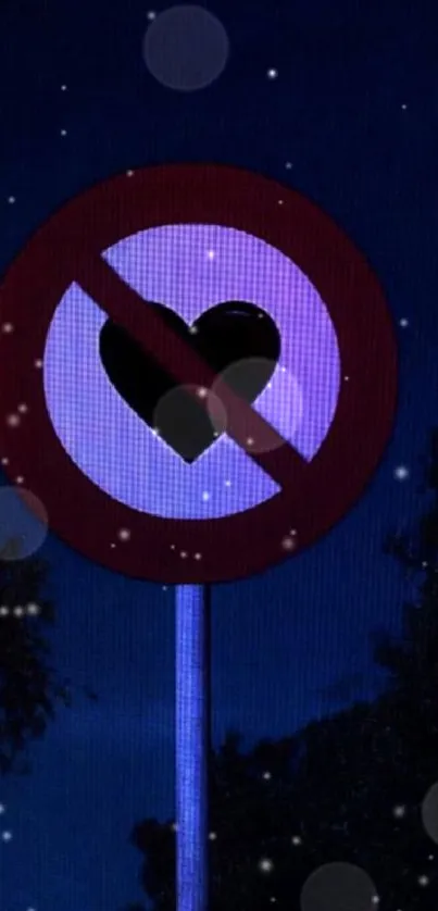 Street sign with heart symbol against night sky.