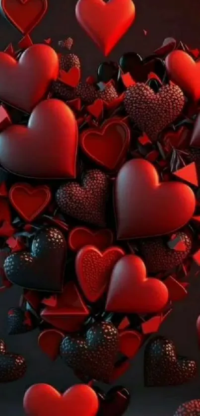 3D heart-themed wallpaper with vibrant red and black hearts creating a stunning visual effect.