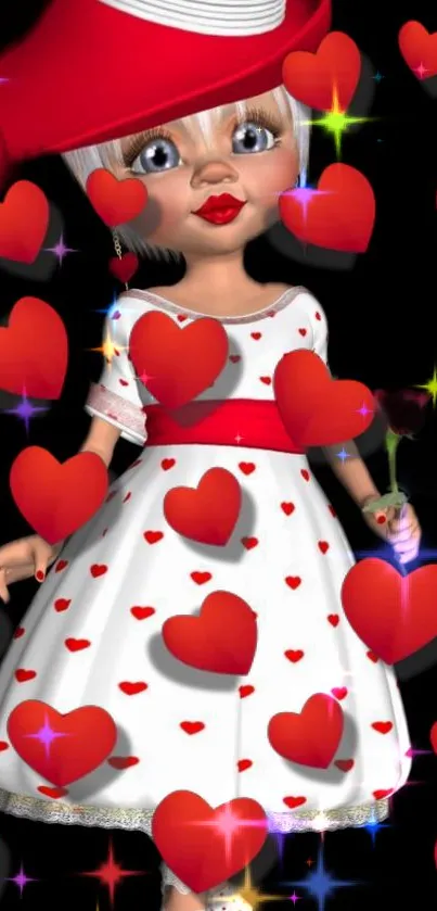 Cartoon character with red hearts on black background.