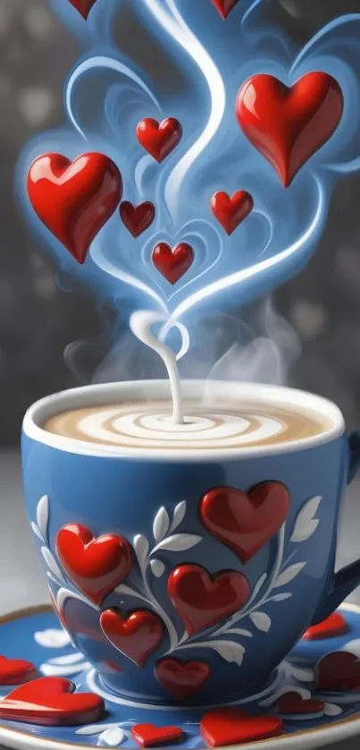 Blue coffee cup with red heart art rising in steam.