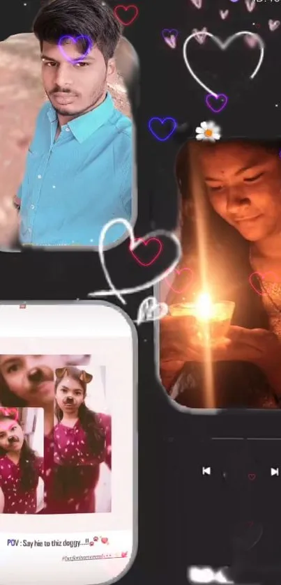 Vibrant heart-themed collage wallpaper with personal photos and candlelight.