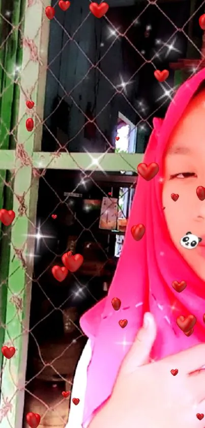 Girl with pink hijab surrounded by hearts and panda sticker.