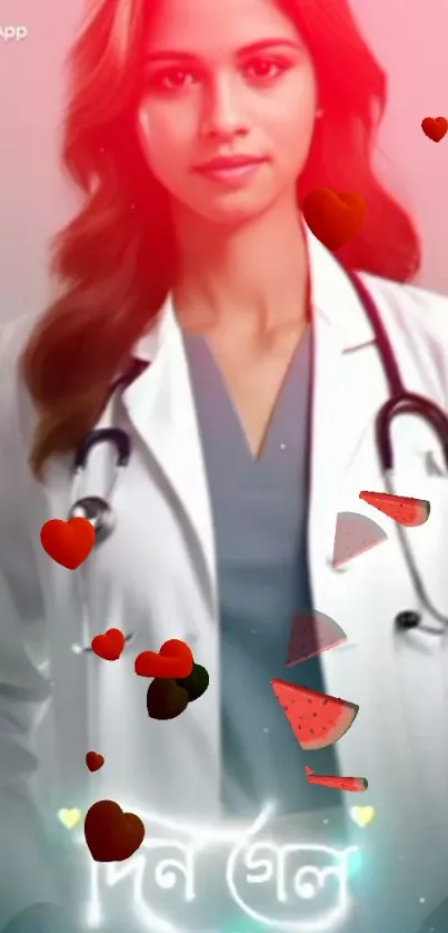 Female doctor with heart-themed red wallpaper and stethoscope.