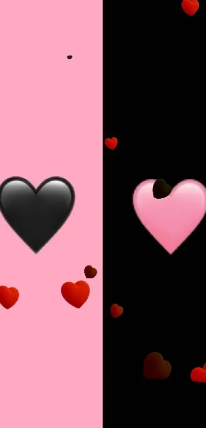 Dual-tone wallpaper with pink and black backgrounds featuring scattered hearts.