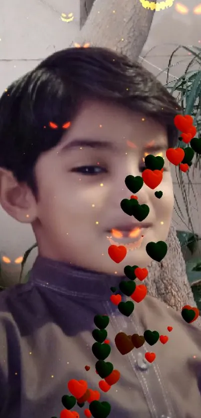 Child's portrait with floating hearts overlay.