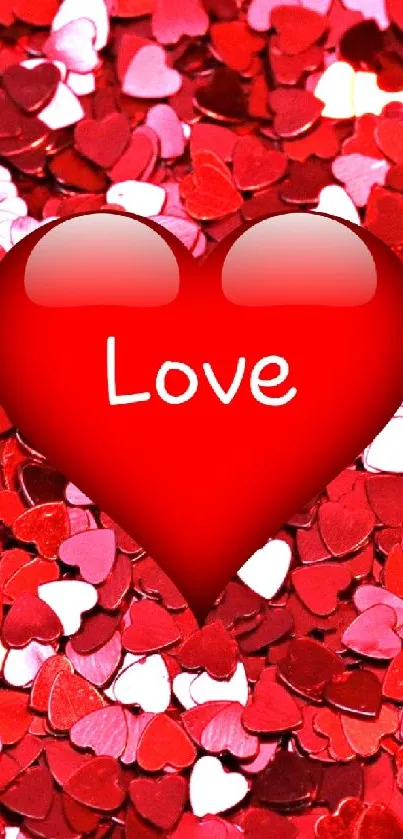 Heart-themed wallpaper with love message.