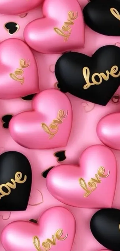Pink and black 3D hearts with love text design.
