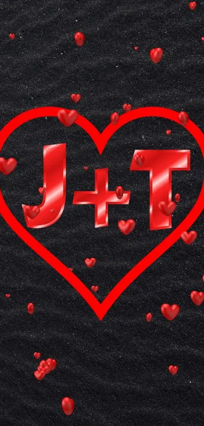 Red heart wallpaper with initials J+T on black background.