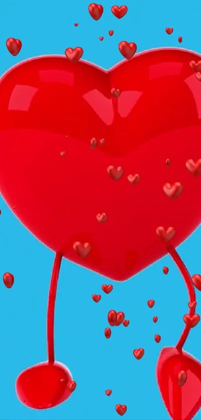 Playful red heart with smaller hearts on a blue background.