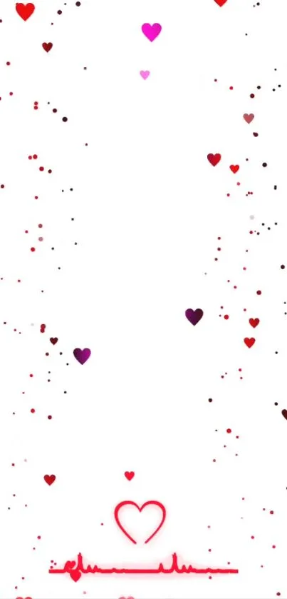 Mobile wallpaper with red and pink hearts on a white background.